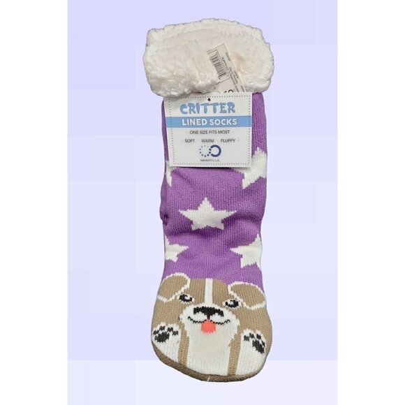 NWT Puppy Dog Slipper Socks Sherpa Lined No Slip Grips Cushioned One Size Purple - Picture 1 of 4
